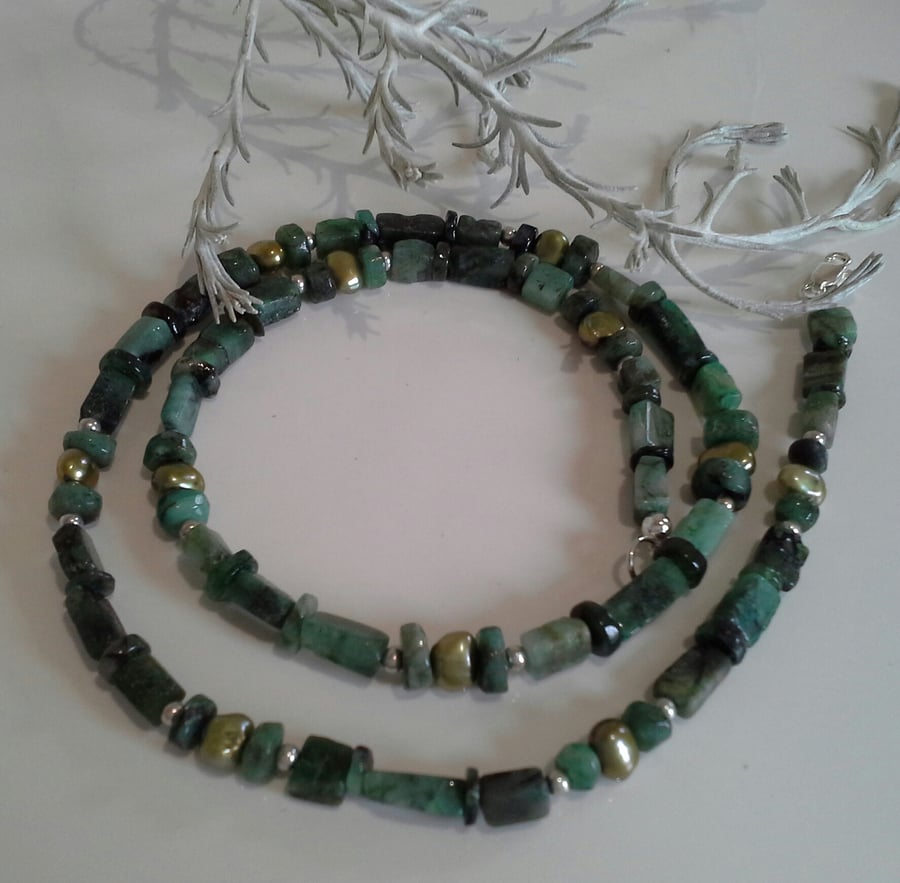 Emerald & Freshwater Pearl Sterling Silver Necklace