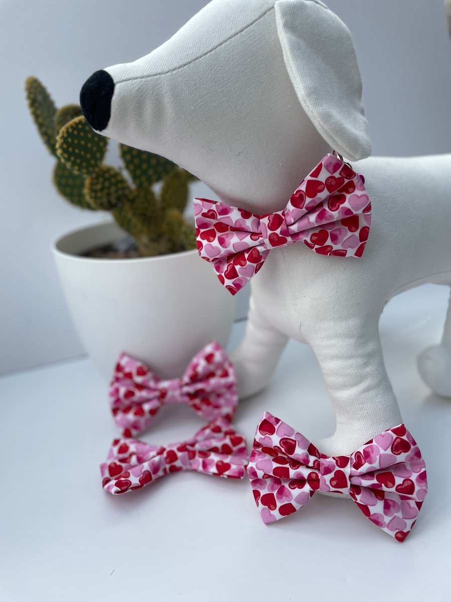 Valentine Red White Pink Heart Dog Bow Tie 