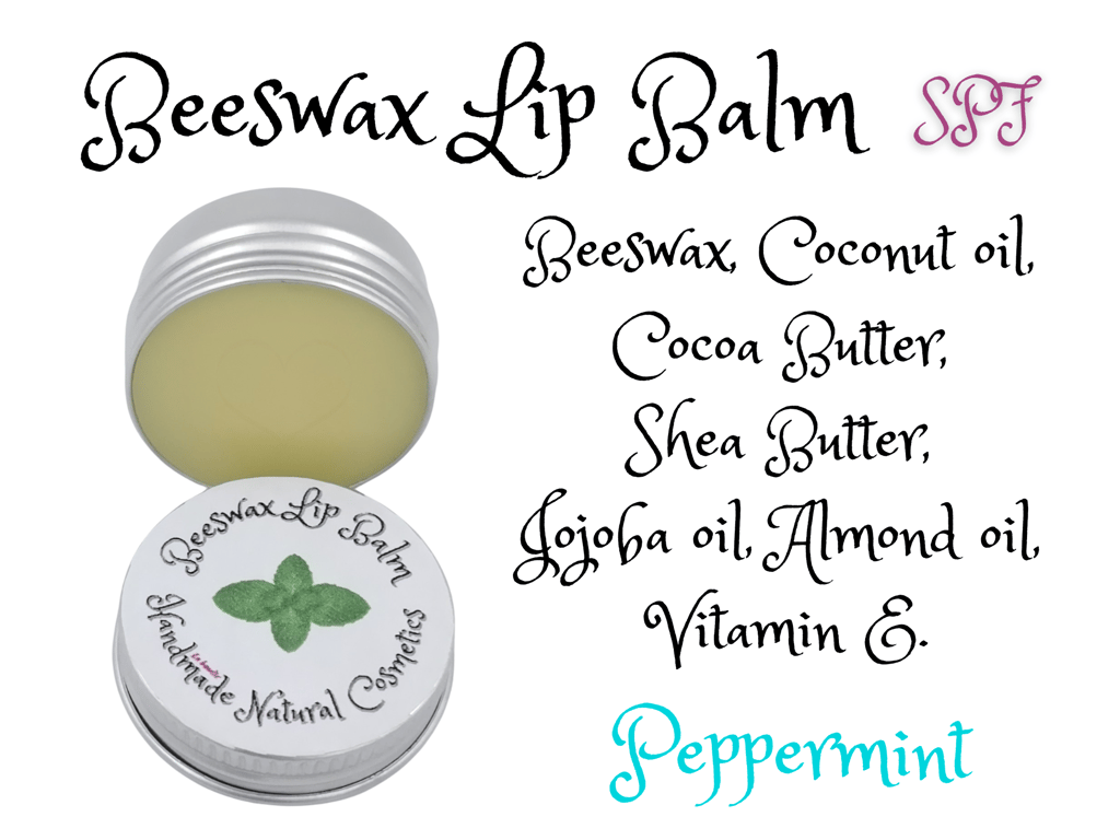 Beeswax Lip Balm. Peppermint flavour. Natural ingredients. SPF. Vitamin E.