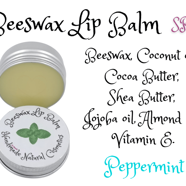 Beeswax Lip Balm. Peppermint flavour. Natural ingredients. SPF. Vitamin E.