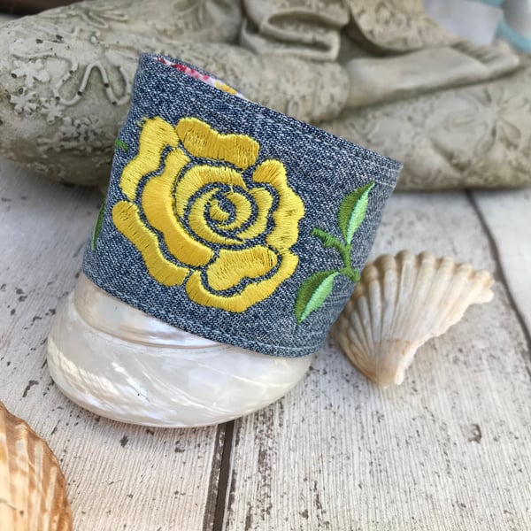 Flower Embroidered yellow rose cuff bracelet 