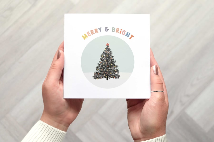 Merry and Bright Christmas Card with Fun Festive Christmas Tree Design