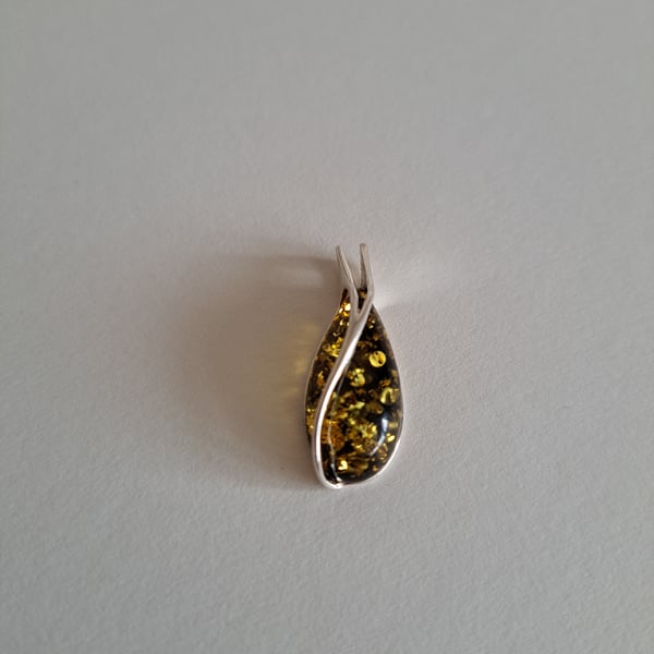 Amber Green Contemporary Drop and Sterling Silver Necklace. Amber, Gift 