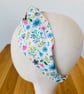 Cotton headband, twist knot style hairband in a white, pink & blue floral design - Image 3