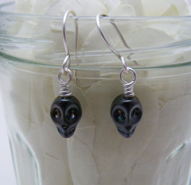 Metallic Black Skull Earrings