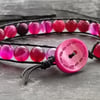 SALE black leather and pink agate semi precious bracelet with button fastener