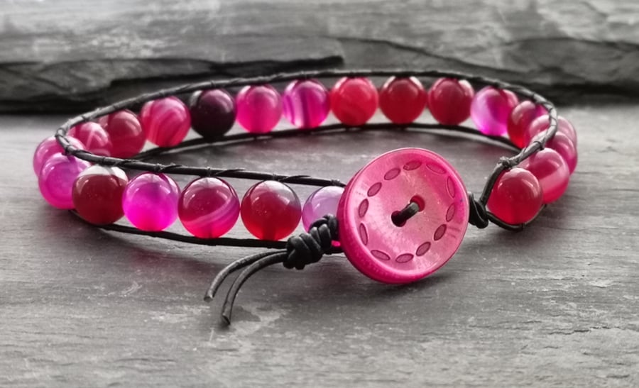 SALE black leather and pink agate semi precious bracelet with button fastener