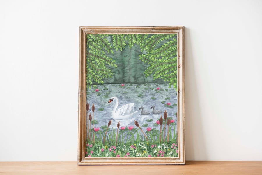 A4 swan on lake watercolour art print