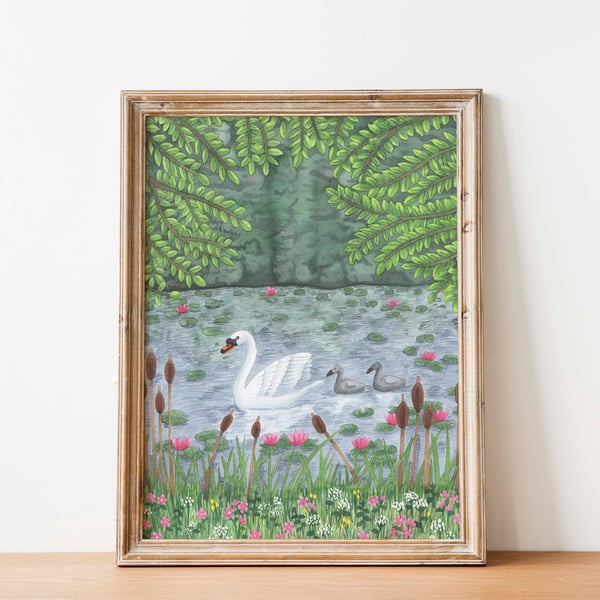 A4 swan on lake watercolour art print