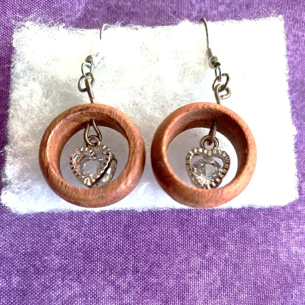 WOODEN HOOPS(small) with SILVER and CRYSTAL HEARTS - Valentine special