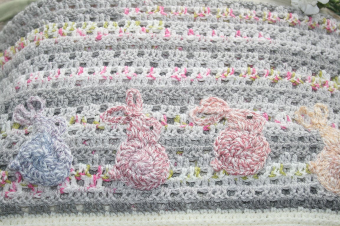 Vintage-Style Baby Blanket - Filet Crocheted Baby Blanket - Bunny Rabbit Blanket