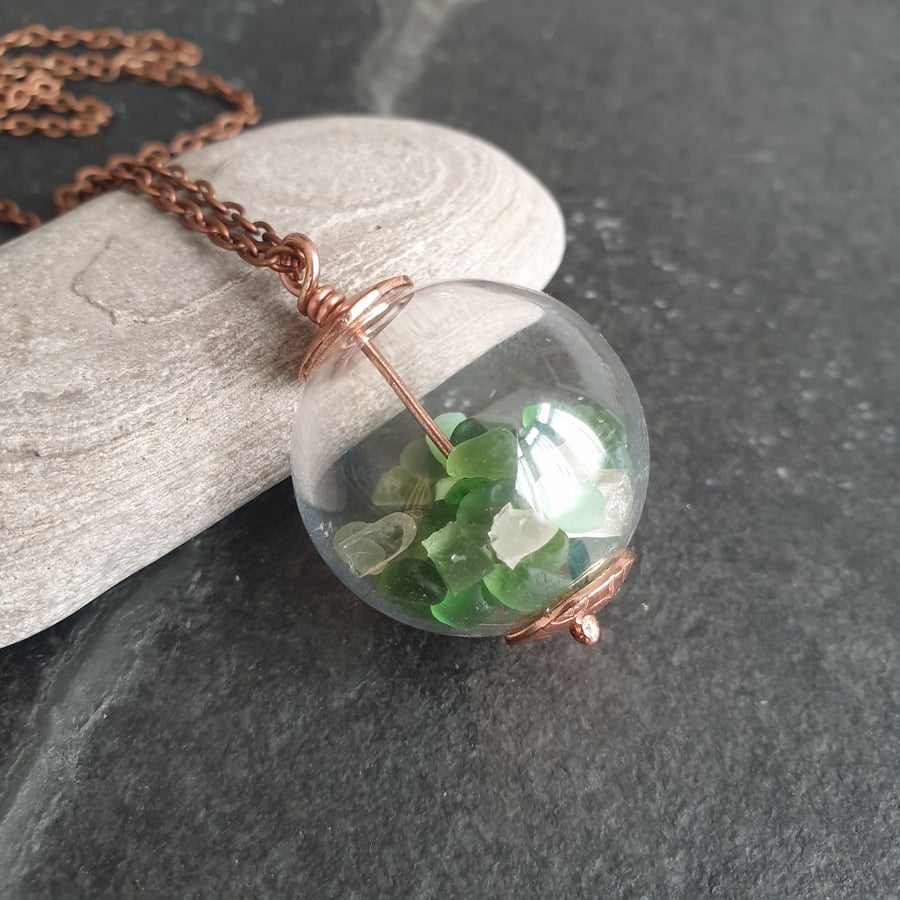 Copper and green sea glass pendant, Glass globe necklace