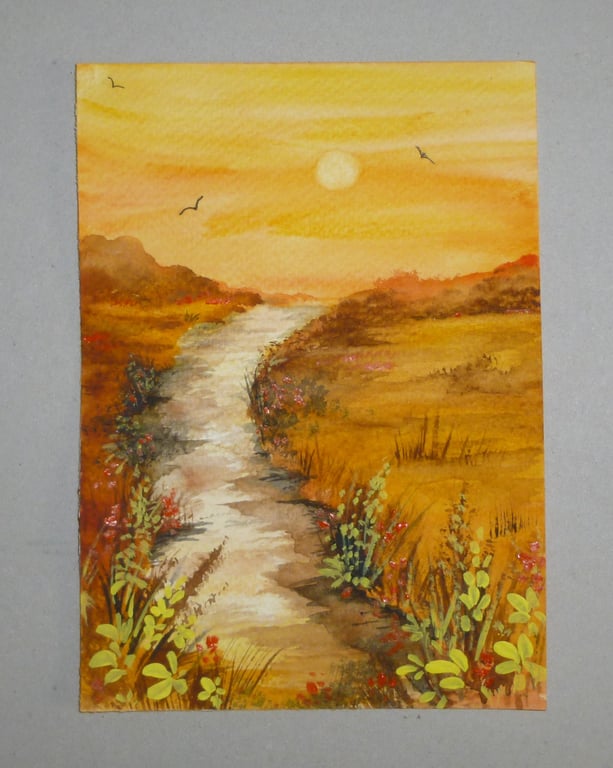 original art watercolour sunset landscape painting ( ref FA 484 A2 )