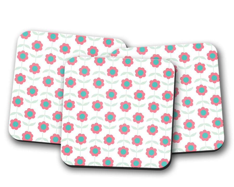 Set of 4 White with Pink Flowers Design Coasters, Drinks Mat