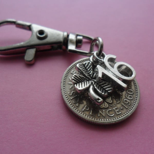 16th Birthday gift for a girl lucky sixpence coin bag charm for a 16th birthday 