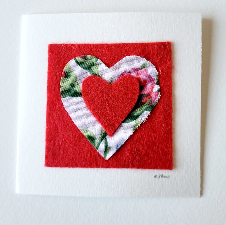 Handmade 'Layered Floral Heart' Fabric Blank Greeting Card