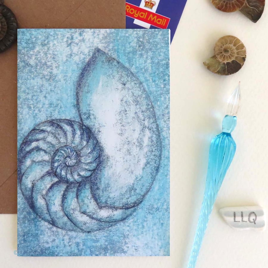 Chambered nautilus in blue blank greeting card for any occasion plastic free