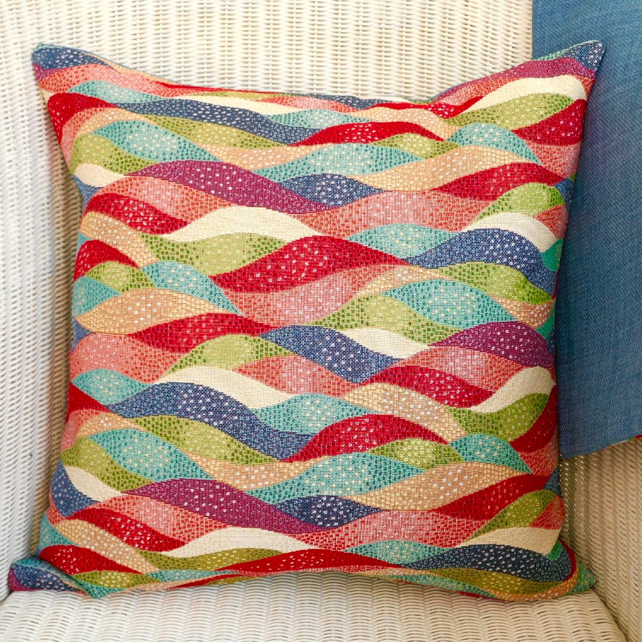 Cushion: Tapestry Throw Pillow, Waves design - Denim Blue reverse