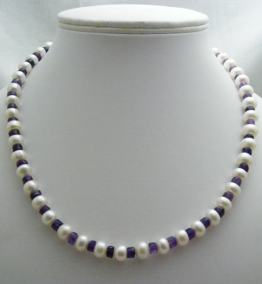 Freshwater Pearl and Amethyst Gemstone Necklace