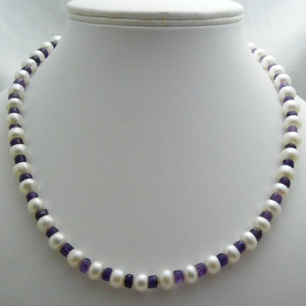 Freshwater Pearl and Amethyst Gemstone Necklace