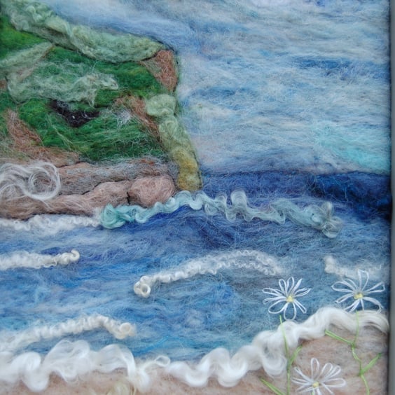 Needle felted and hand embroidered wool picture - Across the Bay