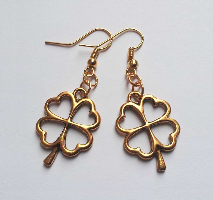 Gold Plate Clover Shamrock Drop Dangle Earrings