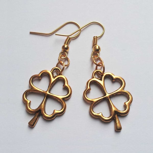 Gold Plate Clover Shamrock Drop Dangle Earrings