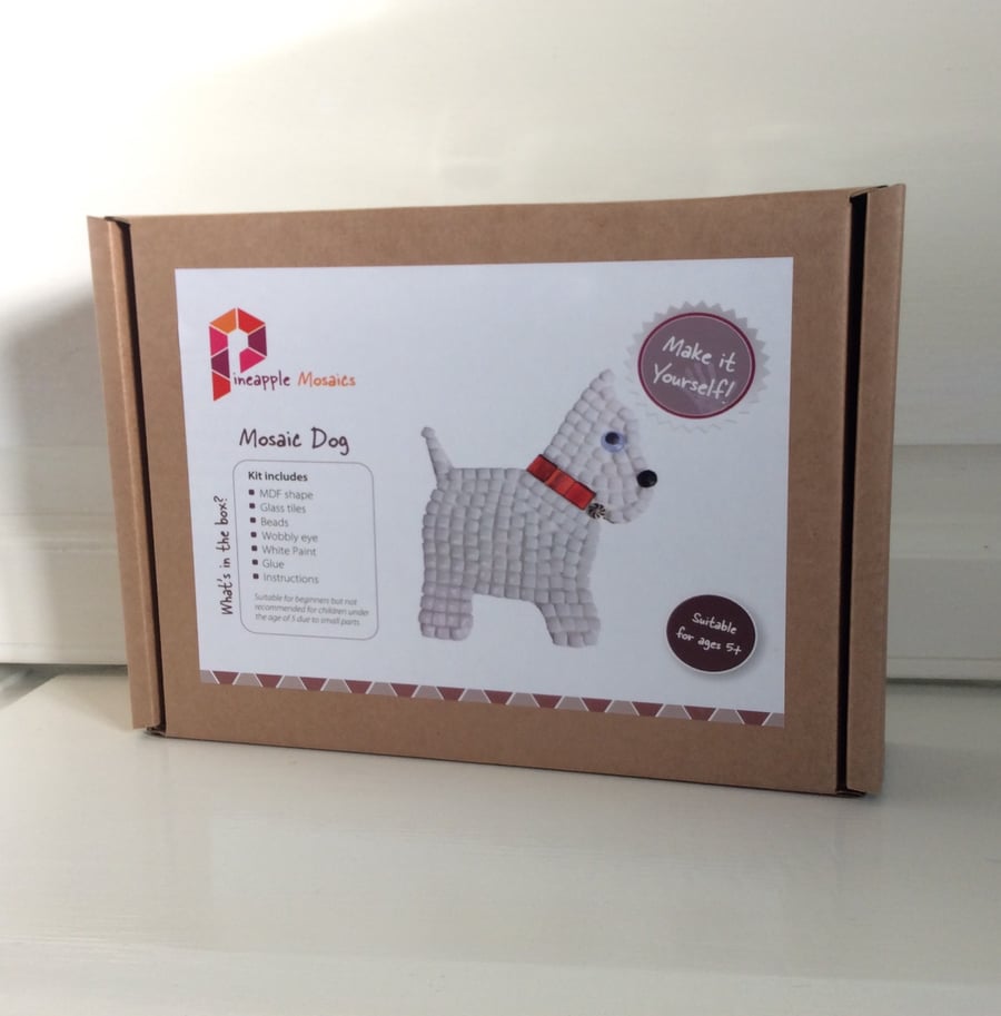 Mosaic Craft Kit, White Dog Gift, DIY Kids Craft, Stocking Filler 
