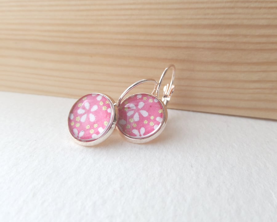 Pink Floral Earrings Rose Gold Dangle Drop lever back earrings