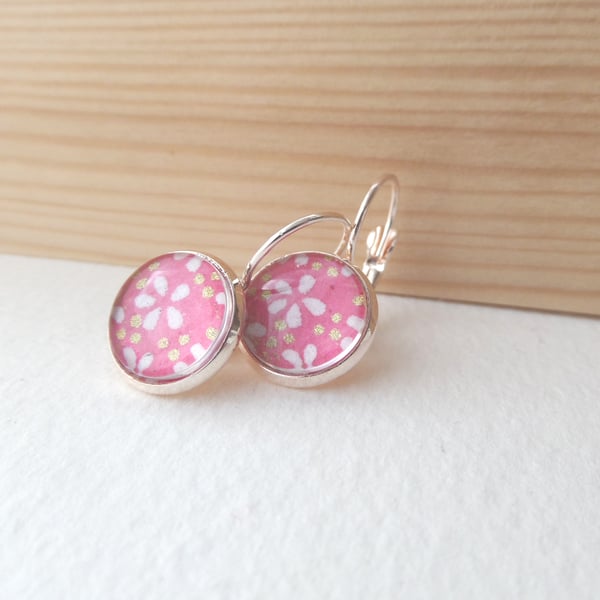 Pink Floral Earrings Rose Gold Dangle Drop lever back earrings