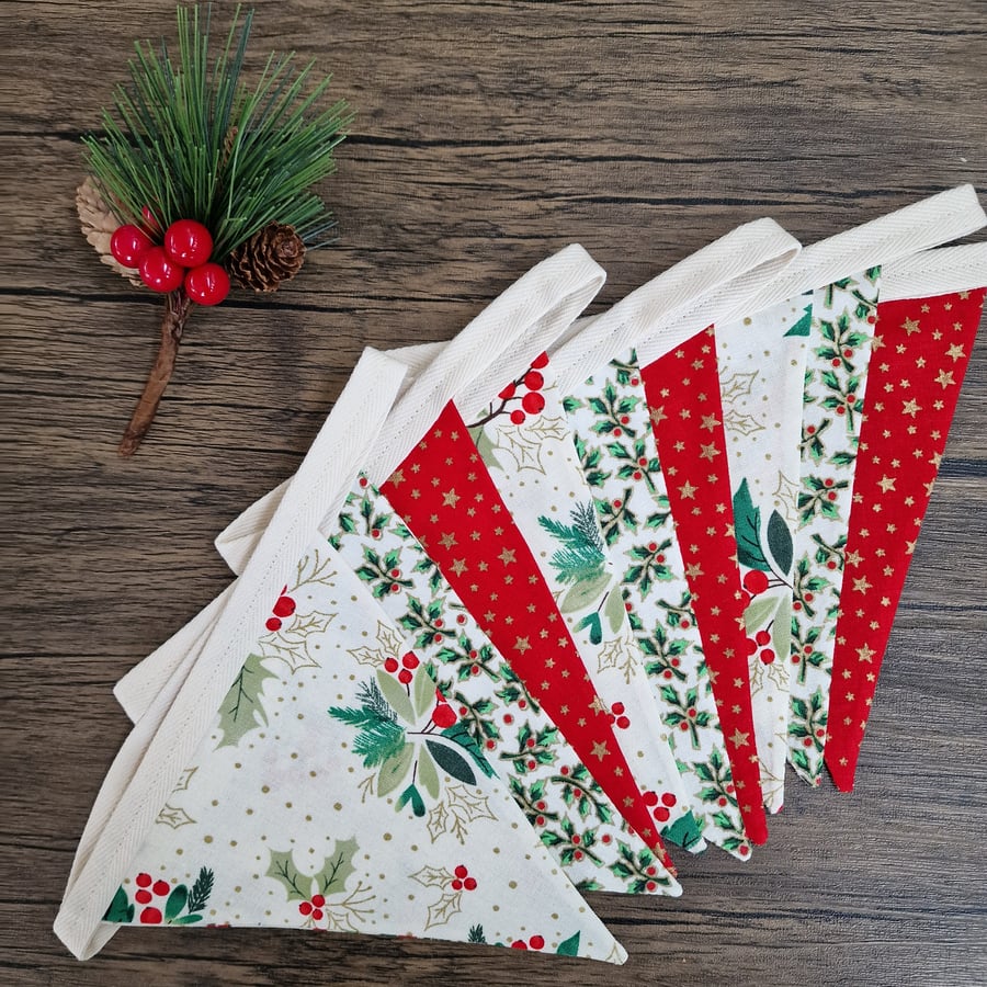 Christmas Bunting - Red Ivory Gold Holly design 