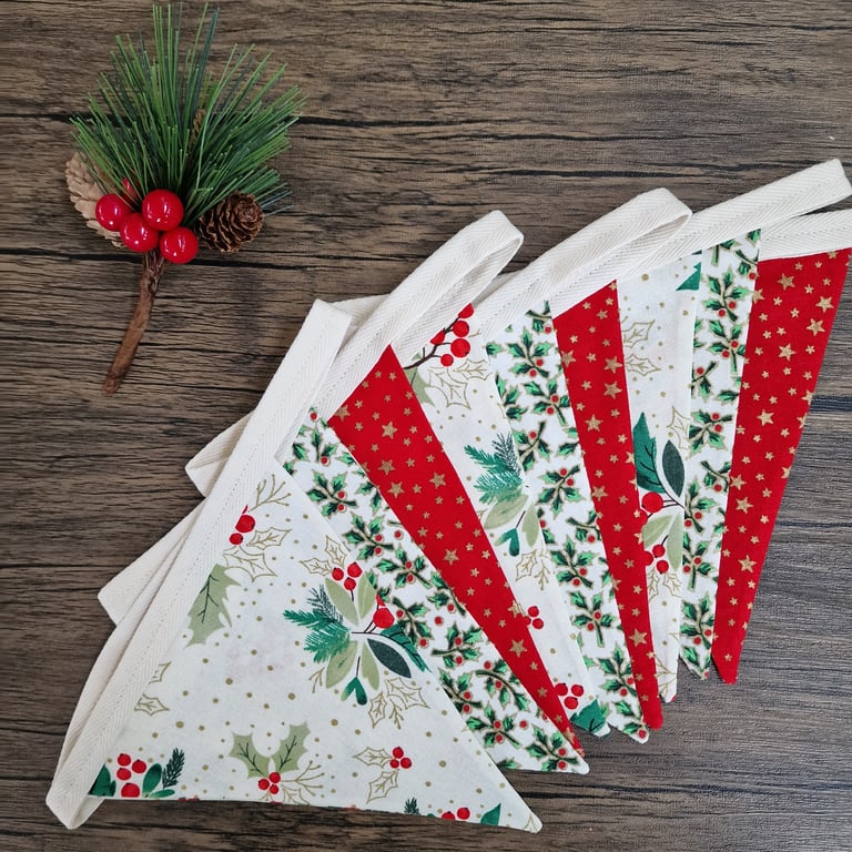 Christmas Bunting - Red Ivory Gold Holly design 