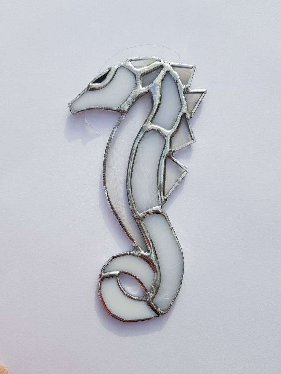 323 Stained Glass white Seahorse - handmade hanging decoration.