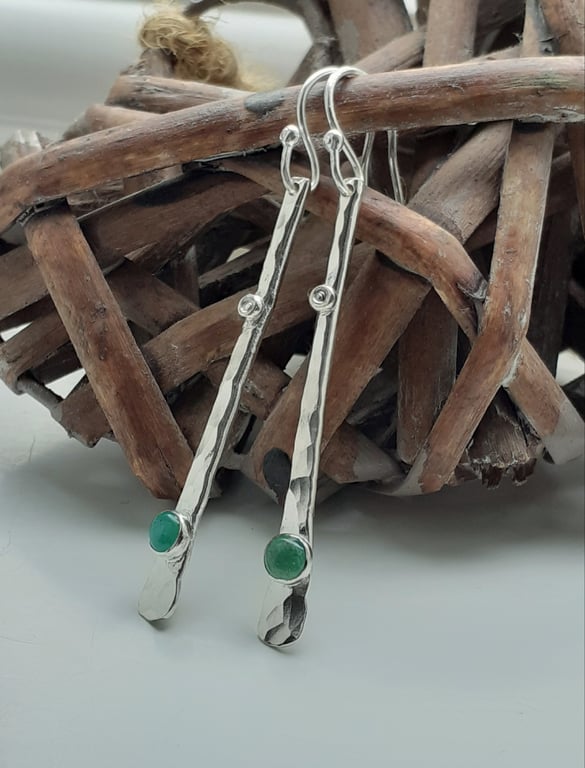 STERLING SILVER Drop Earrings Natural Emeralds, Handmade Urban Design Jewellery