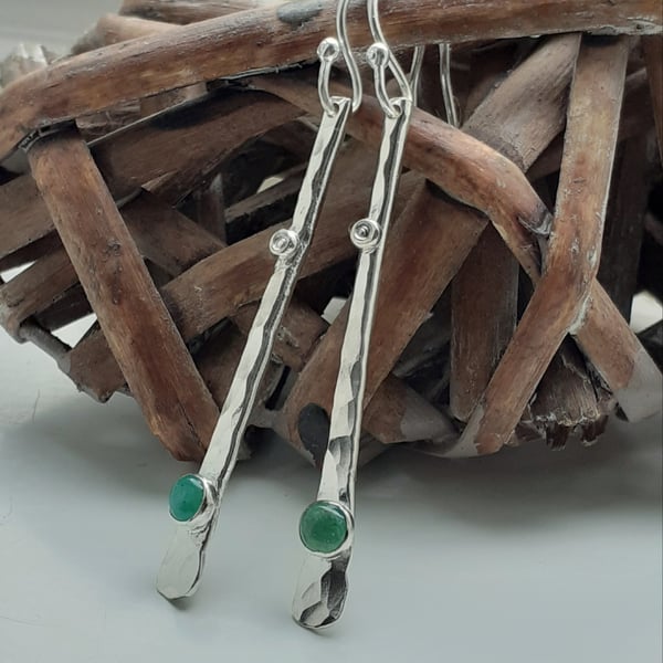 STERLING SILVER Drop Earrings Natural Emeralds, Handmade Urban Design Jewellery