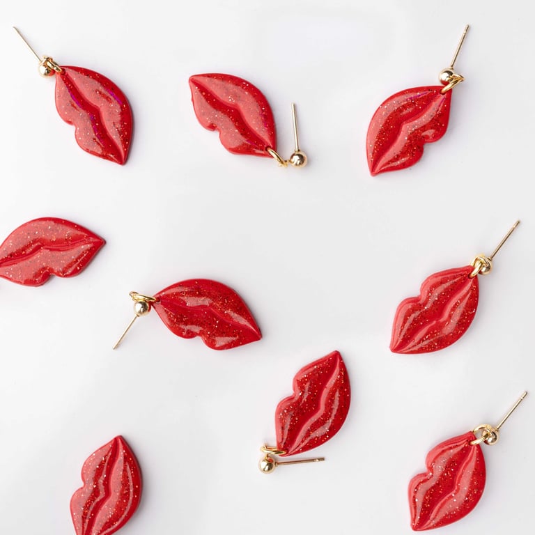Red Glitter Lip Stud Earrings: Handmade Polymer Clay Jewelry
