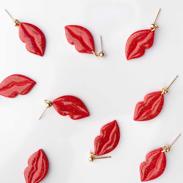 Red Glitter Lip Stud Earrings: Handmade Polymer Clay Jewelry