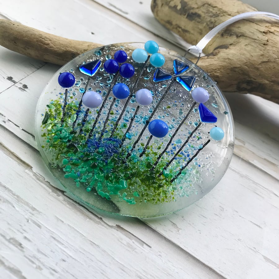 Wild flower fused glass suncatcher, housewarming gift, stocking filler