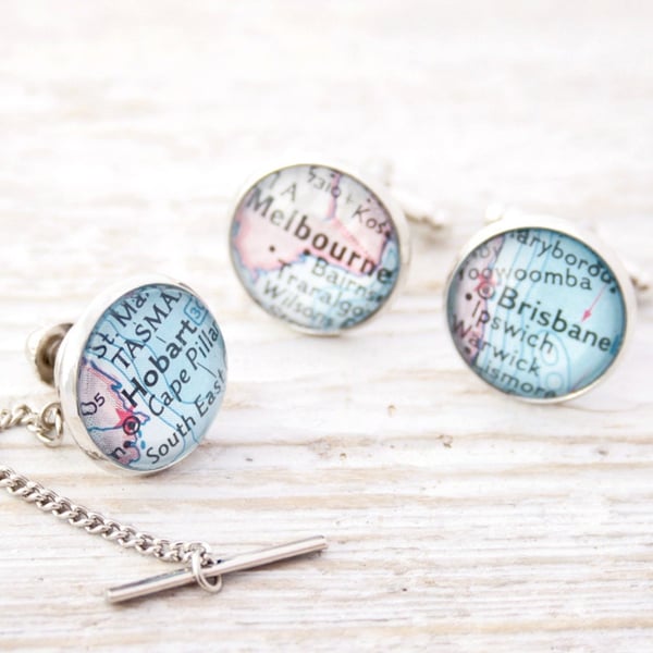 Custom Tie Tack and Cufflinks Set, Personalised Map Suit and Tie accessories