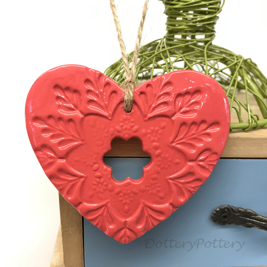 Ceramic heart hanging decoration Pottery Heart Folk art love heart deep pink