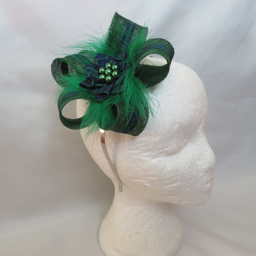 Dark Green Black Watch Scottish Tartan Sinamay Loop Clip in Wedding Fascinator