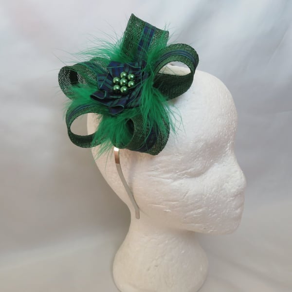 Dark Green Black Watch Scottish Tartan Sinamay Loop Clip in Wedding Fascinator
