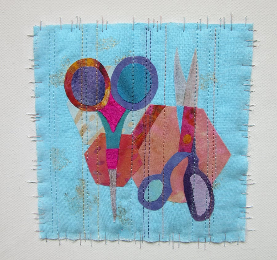 SCISSORS AND SHAPES TEXTILE COLLAGE PICTURE. Modern turquoise fabric applique. 