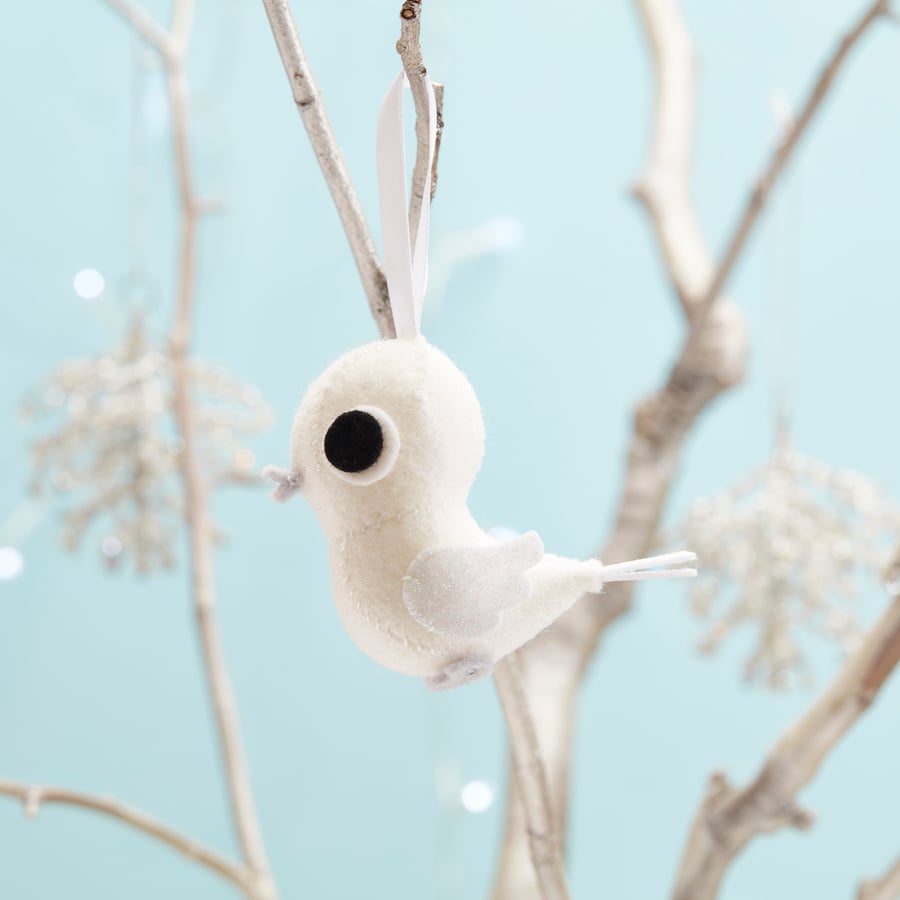 White dove Christmas tree decoration with glitter wings