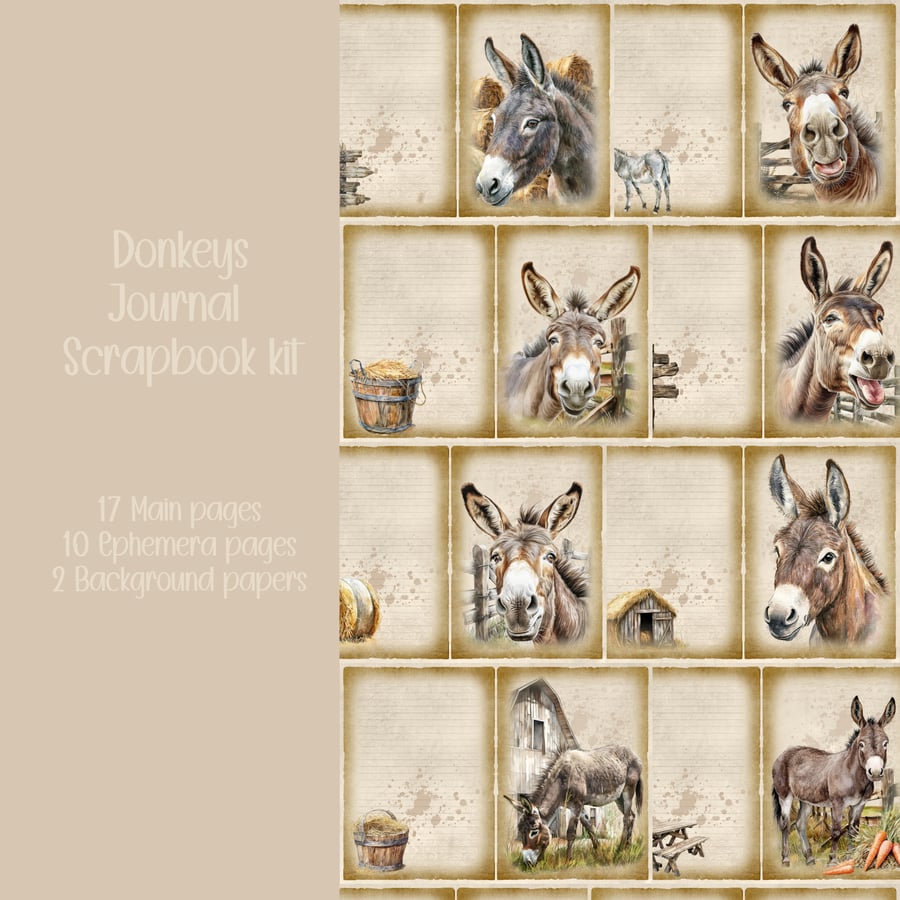 Donkeys Scrapbooking, Ephemera, Journal, Digital Download 