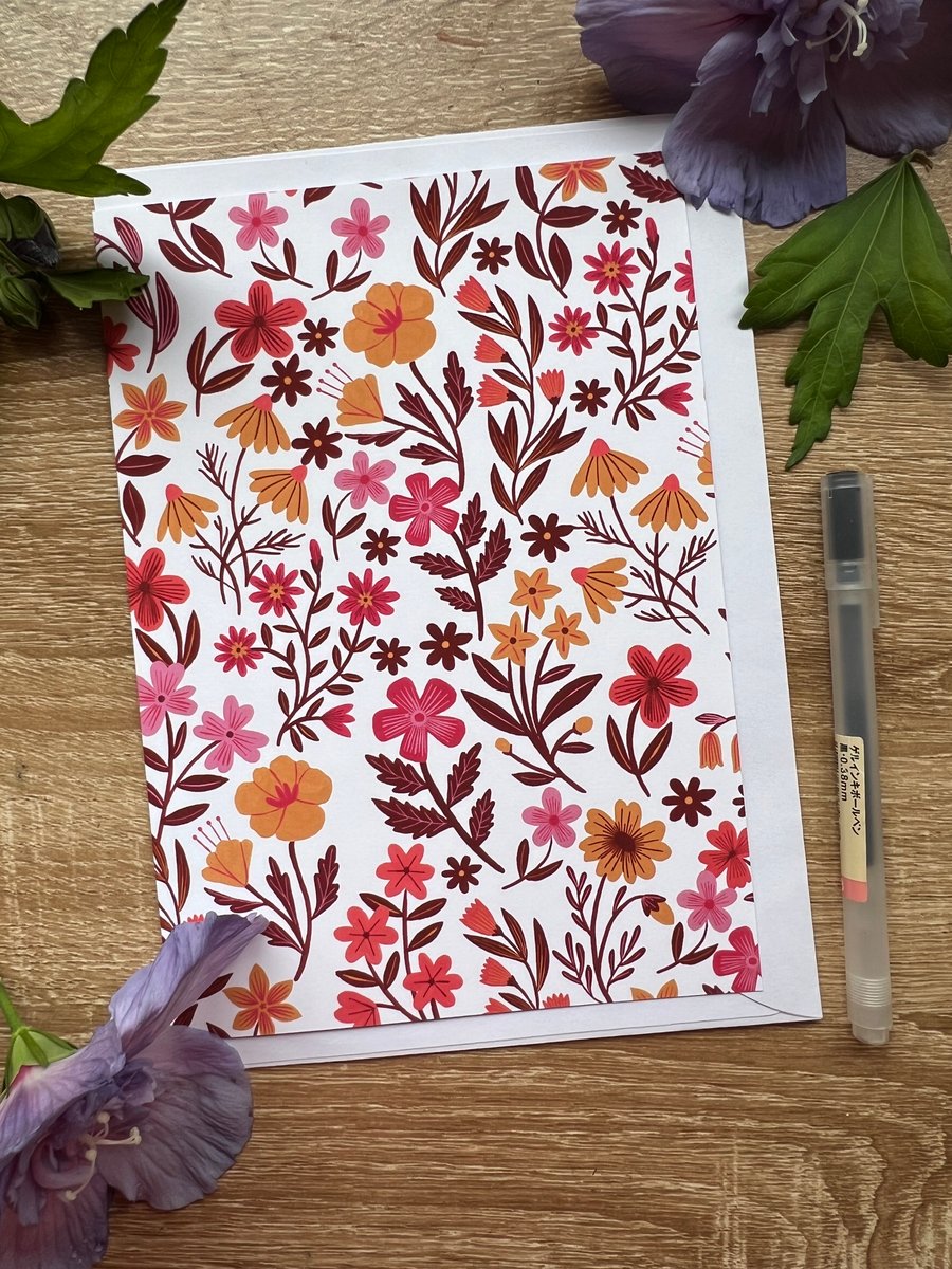 Pink Wildflower Pattern A5 Greeting Card