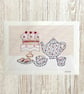 Afternoon Tea A4 embellished giclee print - tea and cake time - Image 1