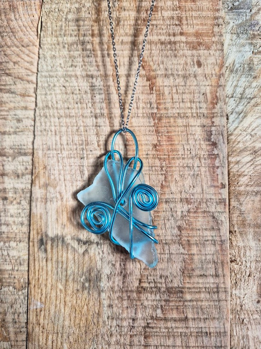 Handmade Frosted Glass Necklace- White Frosted Glass Pendant with Blue Wire 