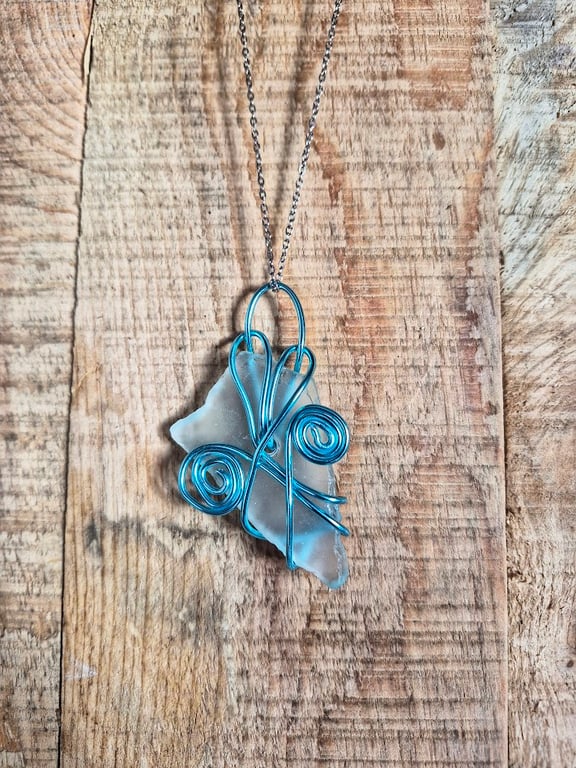 Handmade Frosted Glass Necklace- White Frosted Glass Pendant with Blue Wire 