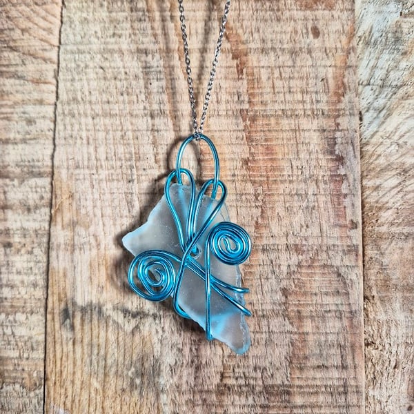 Handmade Frosted Glass Necklace- White Frosted Glass Pendant with Blue Wire 